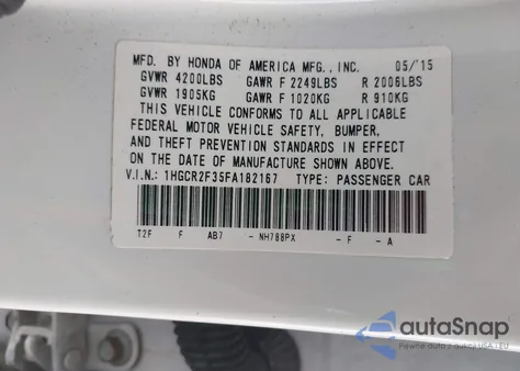 2015 Honda Accord Lx из США, поврежденный, VIN 1HGCR2F35FA182167